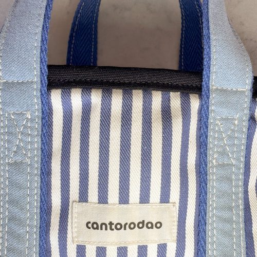 Capazo mini artesanal rayas marino blanco asas azul grisáceo, variante Cala Cantorodao